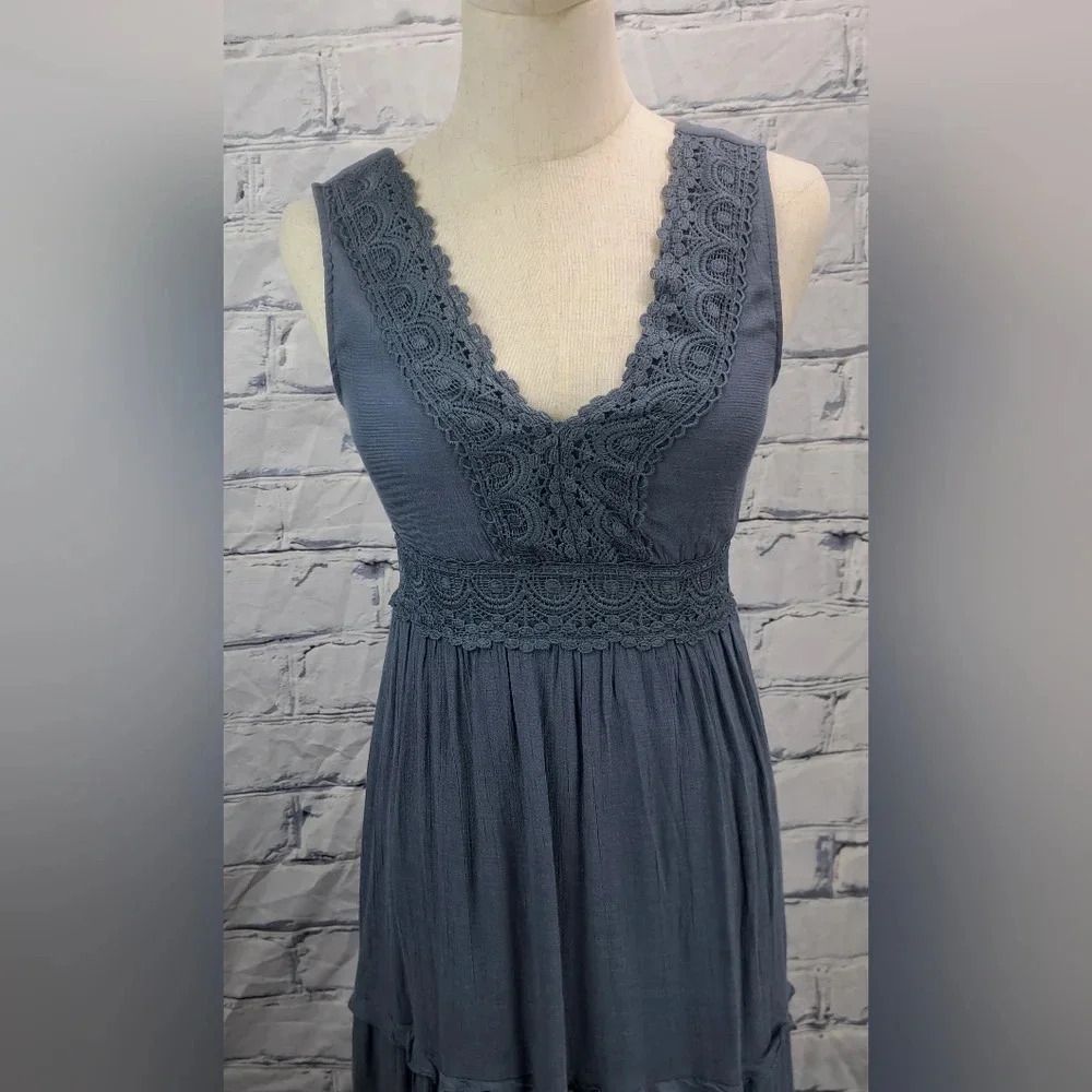 Rebellion Again Ruffled Boho Lace Maxi Dress V-Neck Dark Blue Rayon Y2K Size  XS - Picture 2 of 16